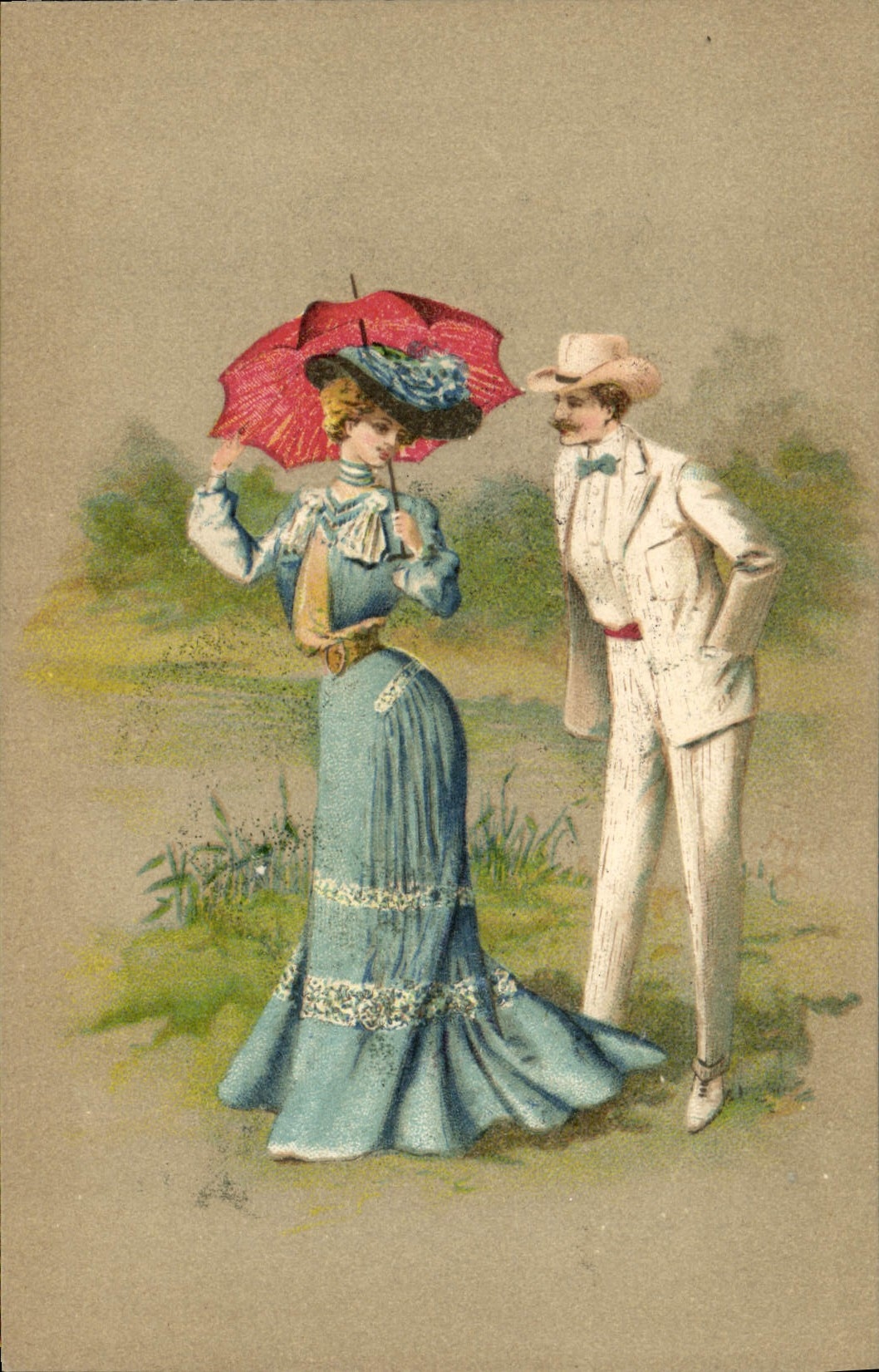 Jeune femme en robe bleue et parapluie rouge — jeune homme en costume blanc — éditeur non visible