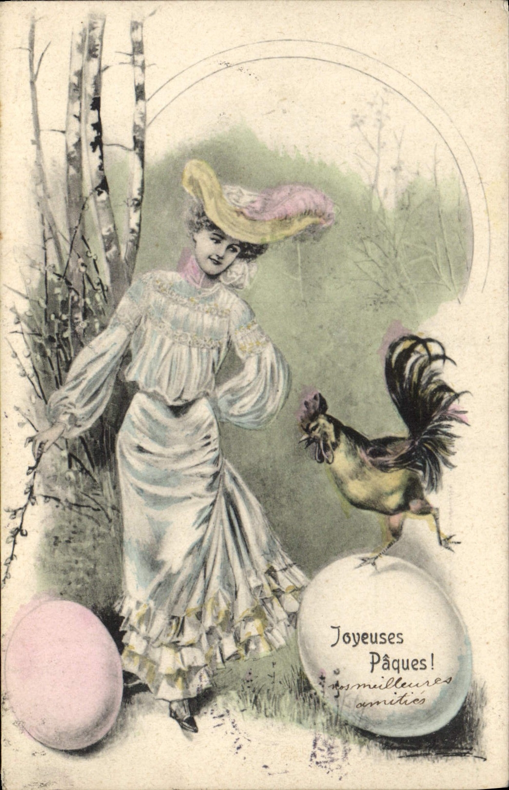 Femme en costume d'époque avec coq — carte postale de Pâques — éditeur K.V.I.B. n° 530