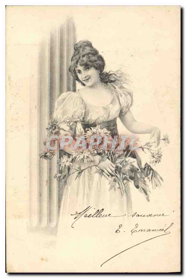 Jeune femme en robe à volants tenant un bouquet — E. Emanuel — n° de série non visible