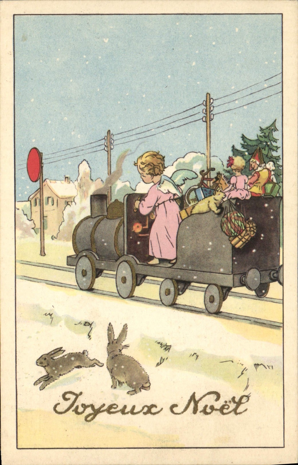 CPA Fantaisie Enfant Train Lapin Lapins
