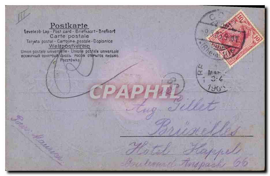 Portrait féminin — carte postale universelle — éditeur Gillet, Bruxelles — Verso