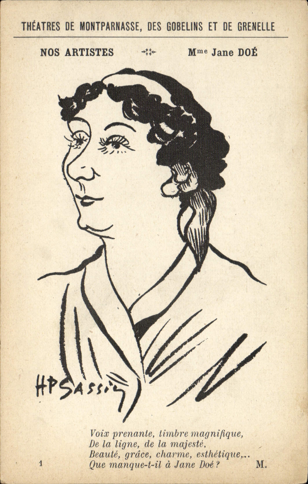 Mme Jane Doé — Théâtres de Montparnasse, des Gobelins et de Grenelle — HP Sassine
