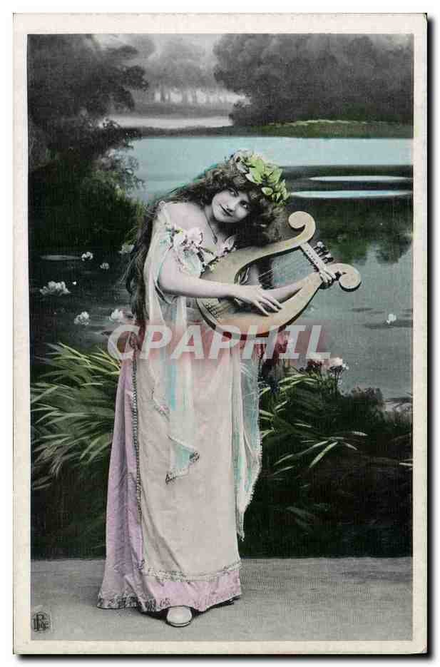 Jeune femme avec lyre — lac et nénuphars — éditeur L. B. n° 2873