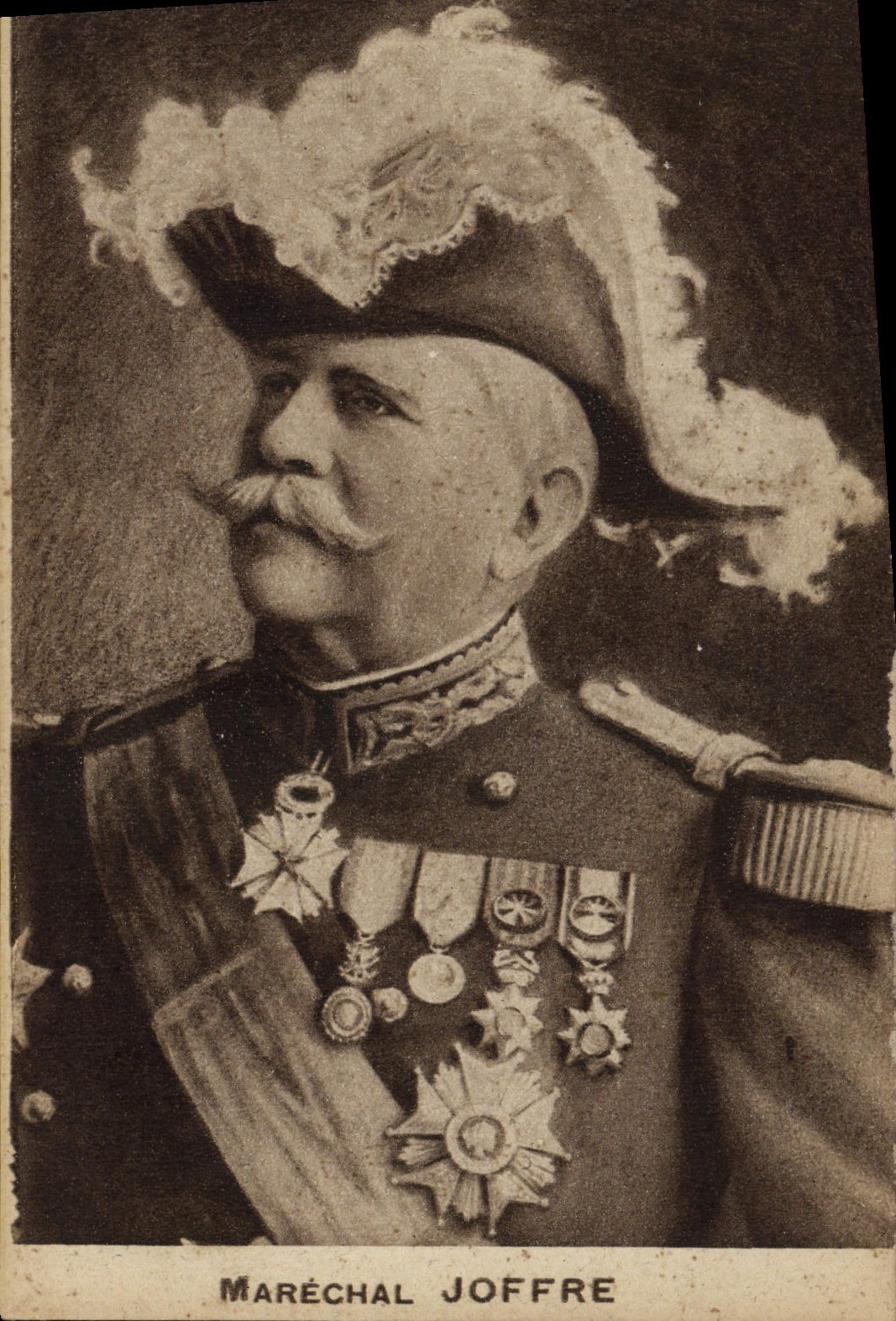 Marshal Joffre — portrait in uniform with plume — engraved by F. Bellanger