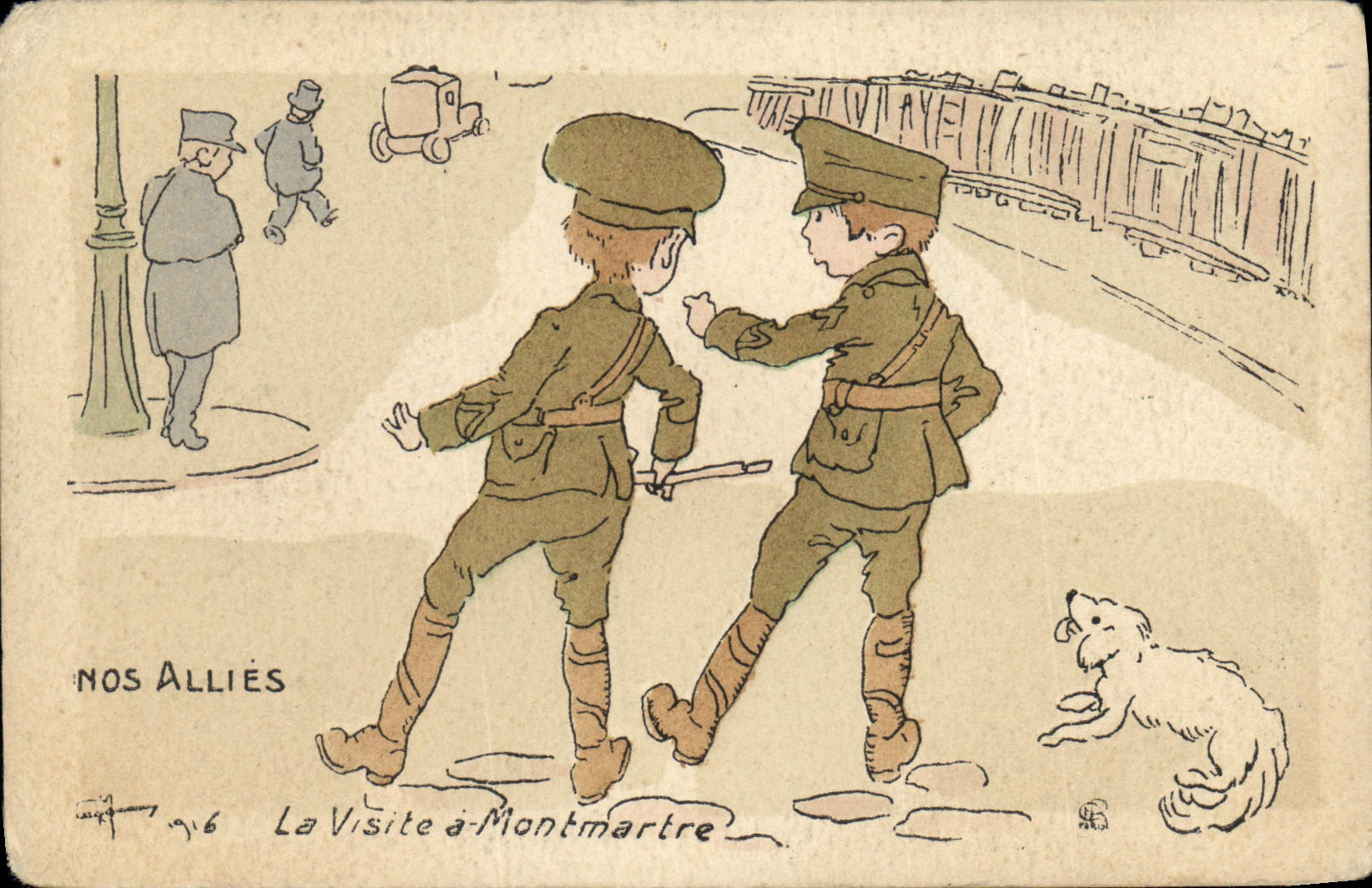 CPA Militaria Nos allies La visite a Montmartre Chien Enfants 