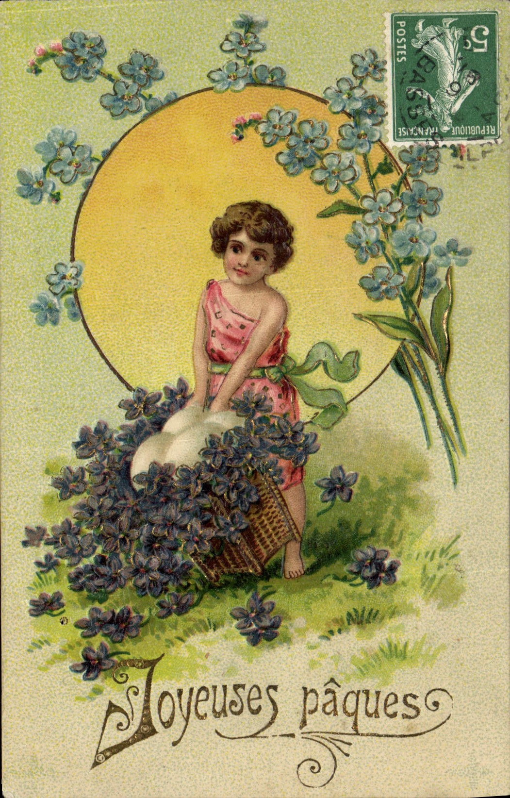 Fille avec lapin et fleurs — Joyeuses pâques — Éditeur Levelezó-Lap, n° 587