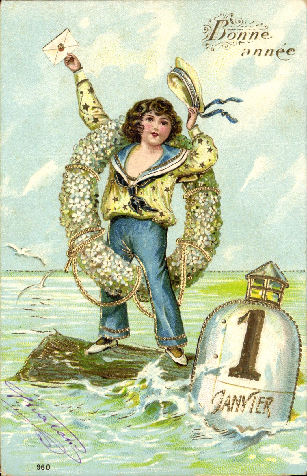 Jeune fille en tenue de marin — Bonne année — éditeur 'Made in Germany', n° 960