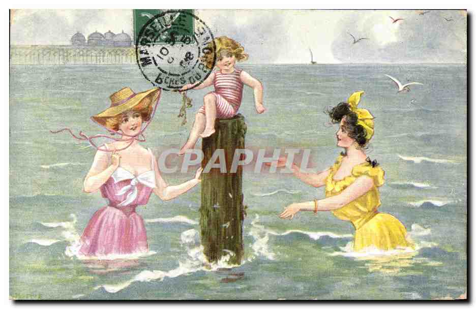 CPA Fantaisie Illustrateur Femmes Plage