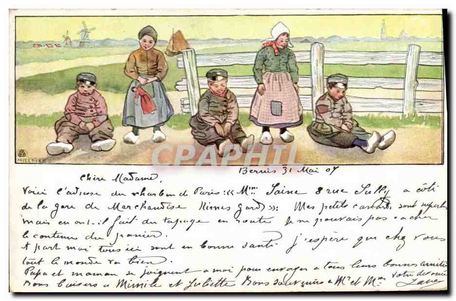 CPA Fantaisie Illustrateur Enfants Folklore Hollande Moulin a vent