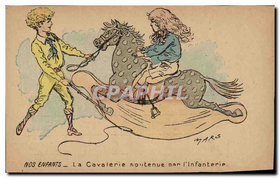 CPA Fantaisie Illustrateur Nos enfants La cavalerie soutenue par l'infanterie Cheval