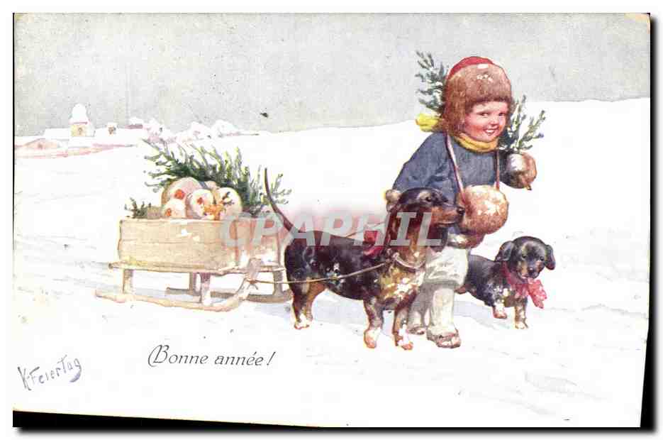 Enfant avec chiens tirant une traîne — scène de Noël — éditeur KfeierTag