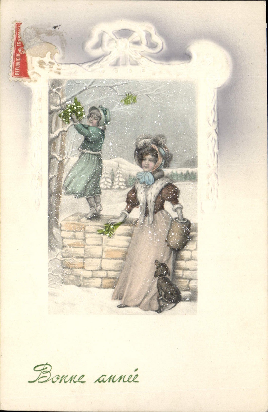 Deux jeunes filles dans la neige — scène hivernale — éditeur inconnu