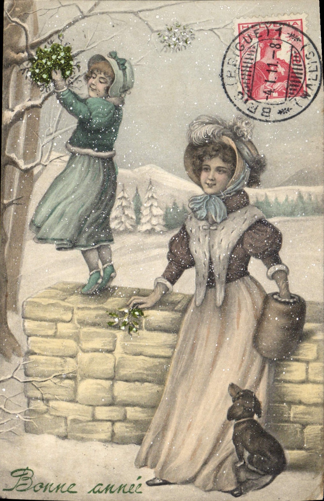 Fête de la Sainte Famille — scène hivernale avec enfant et femme — éditeur non visible
