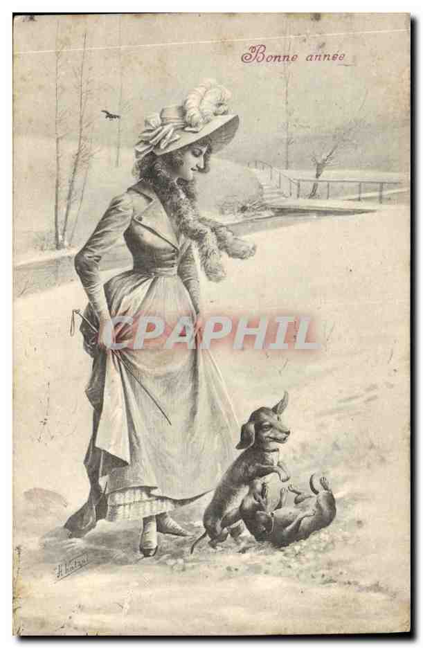 Femme avec chien — scène hivernale — H. Lelis, série 345