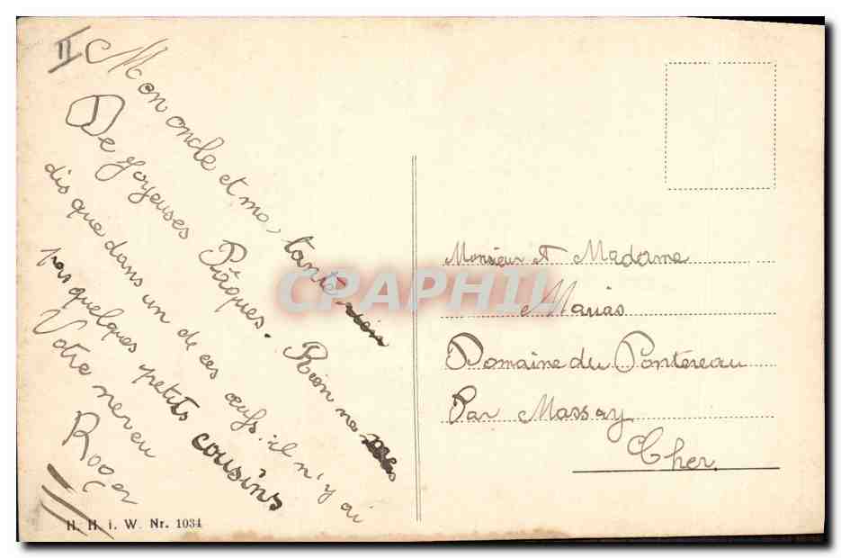 Oeufs volants avec oiseaux — Joyeuses Pâques ! — H. H. i. W. Nr. 1034 — Verso