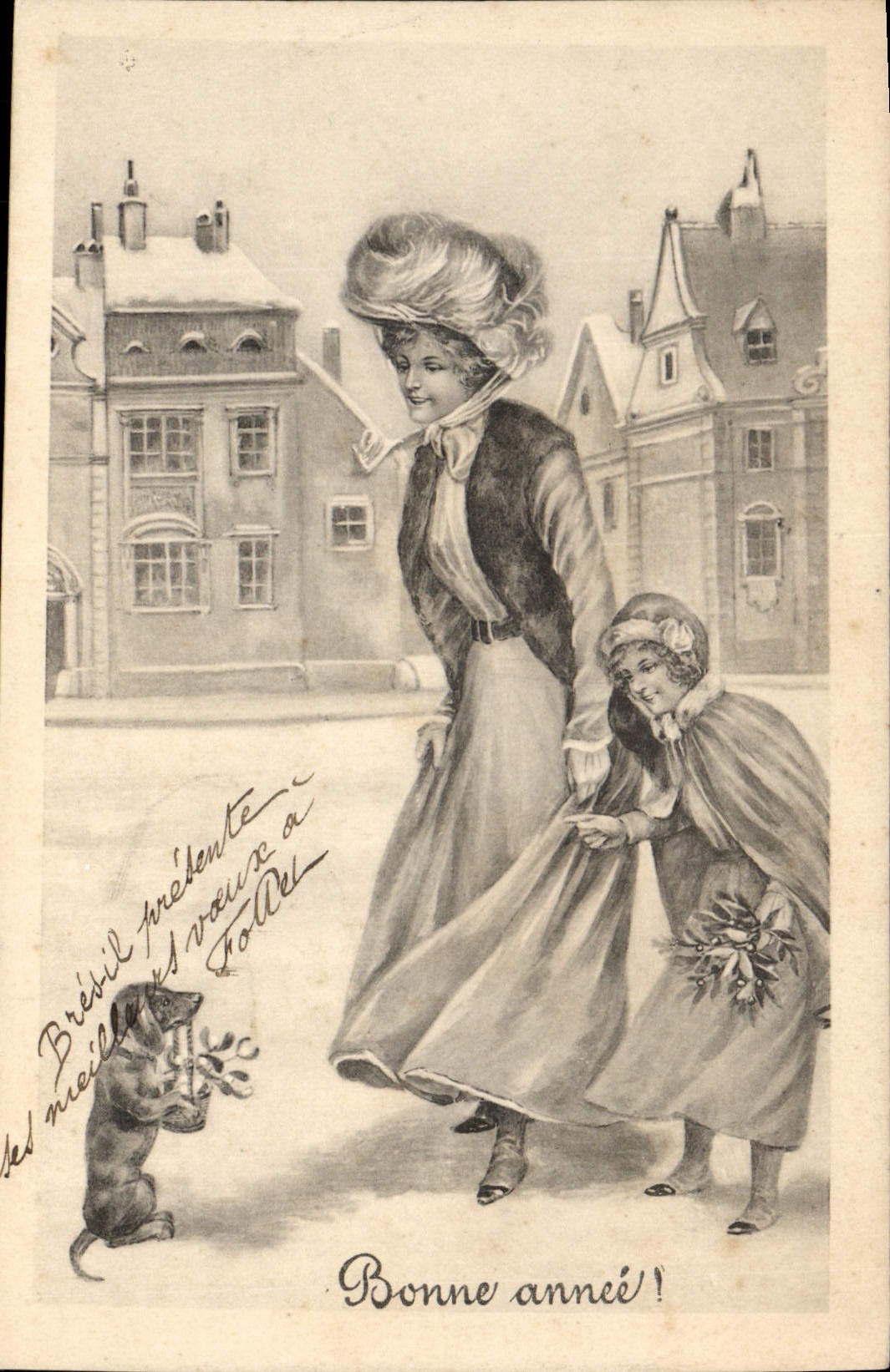 Femmes et chien avec gui — Bonne année ! — Imprimée en Autriche