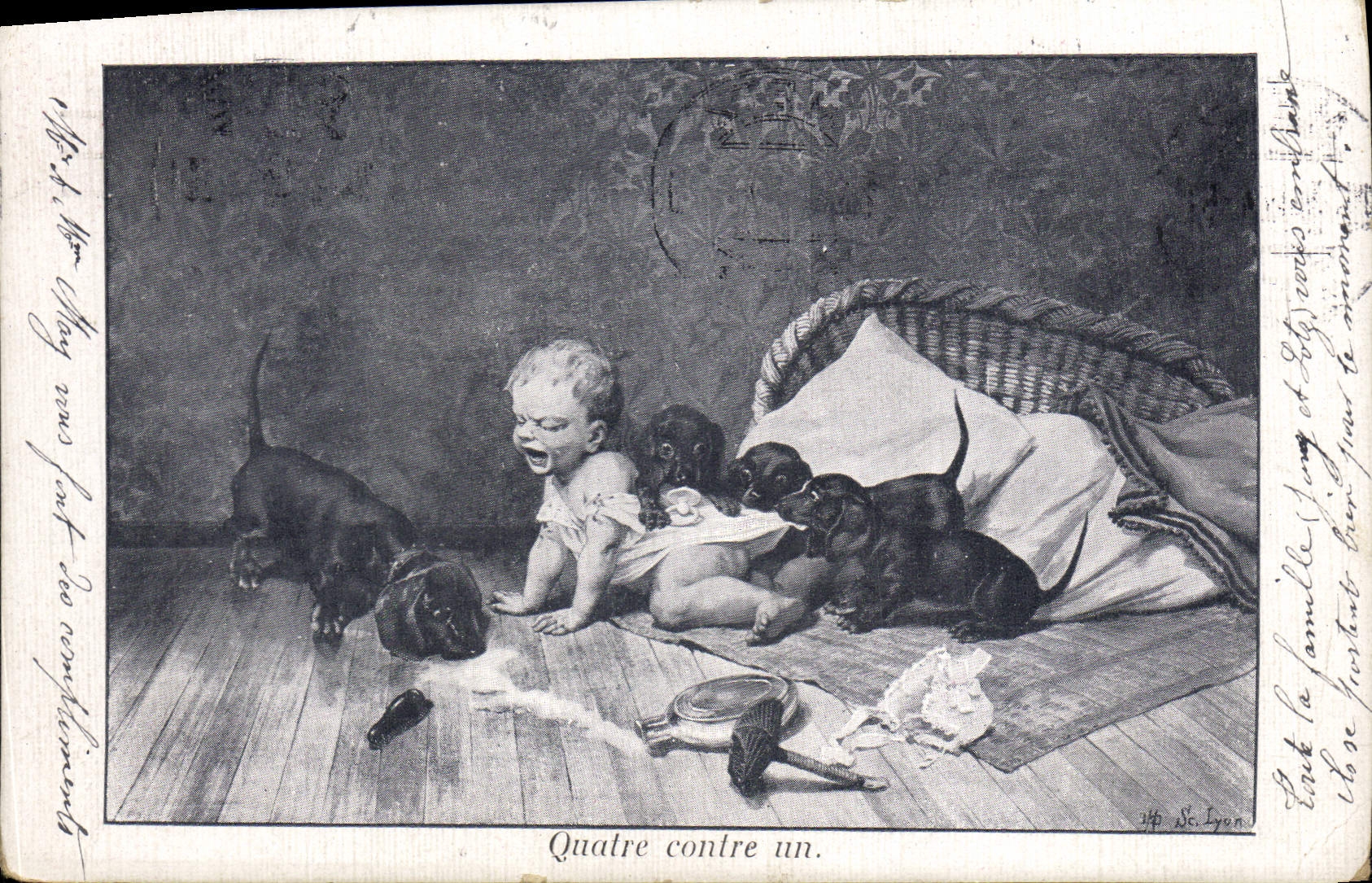 Quatre contre un. — Illustration d'un bébé entouré de quatre chiots — Éditeur : J.P. St. Lyon