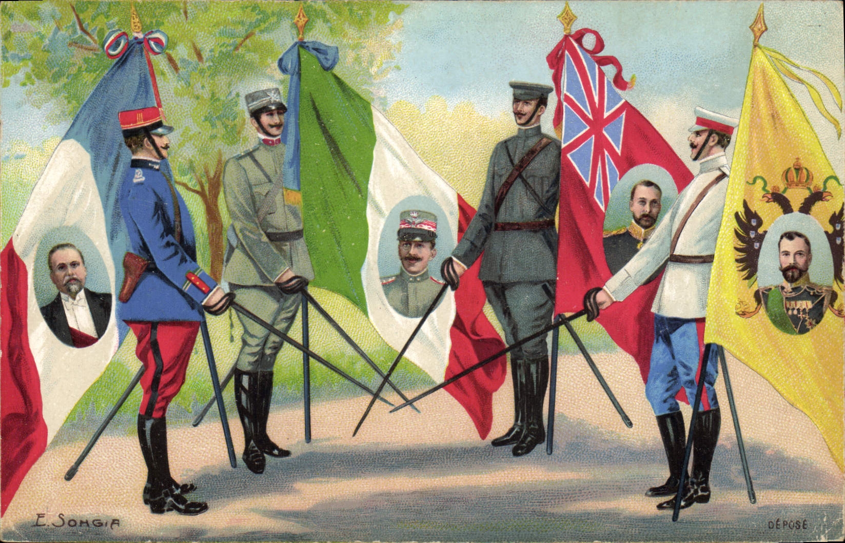 CPA Militaria Drapeaux France Italie Russie Russia Angeleterre Nicolas II