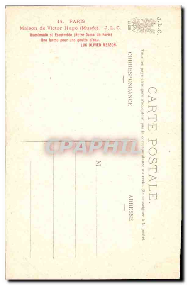 CPA Paris Maison de Victor Hugo Quasimodo et Esmeralda Notre Dame de Paris  — Rückseite