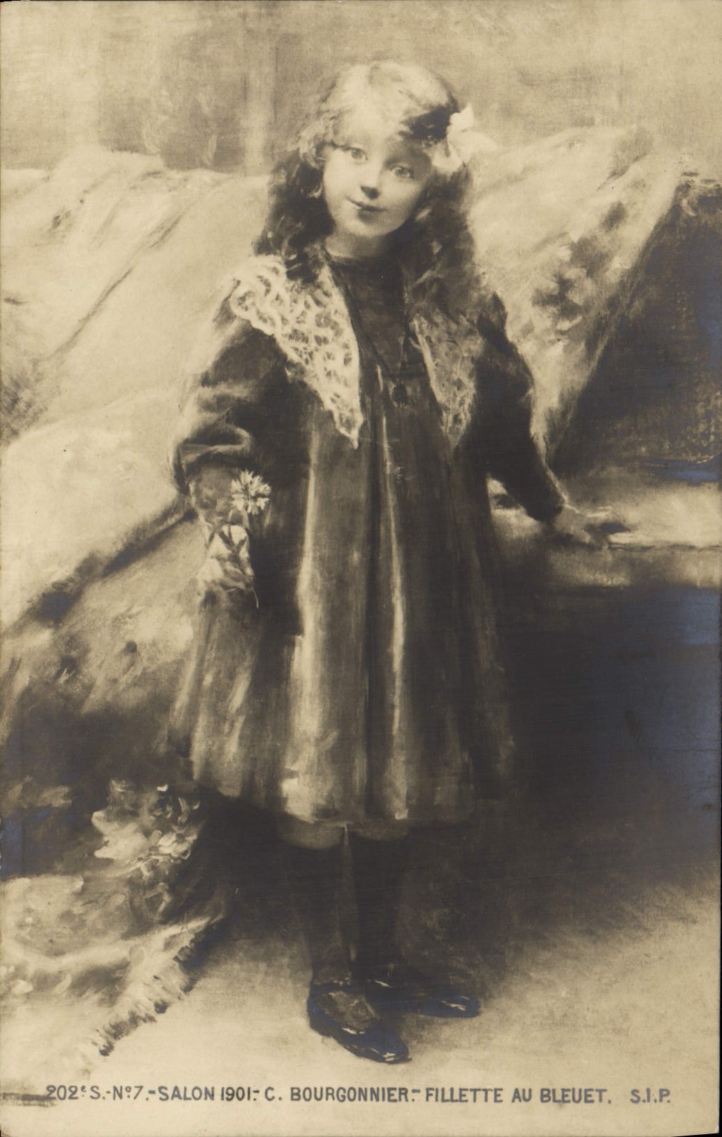 CPA Salon 1901 Bourgonnier Fillette au bleuet 