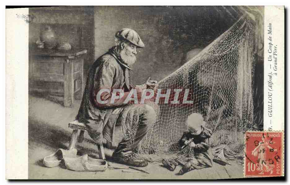 CPA Guillou Un coup de main a Grand Pere Peche Enfant 