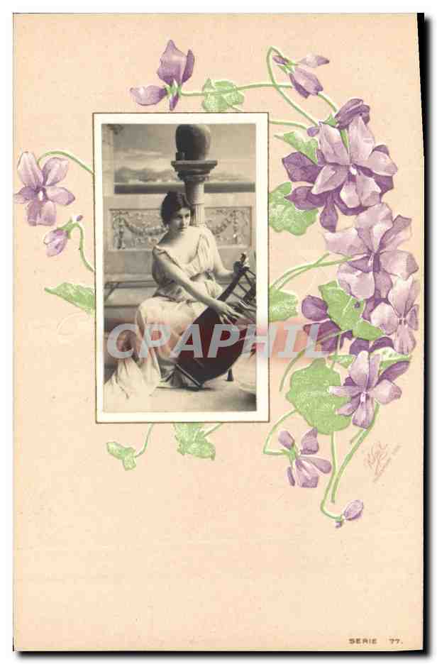 Femme assise jouant d'un instrument — décor de violes — Série 77