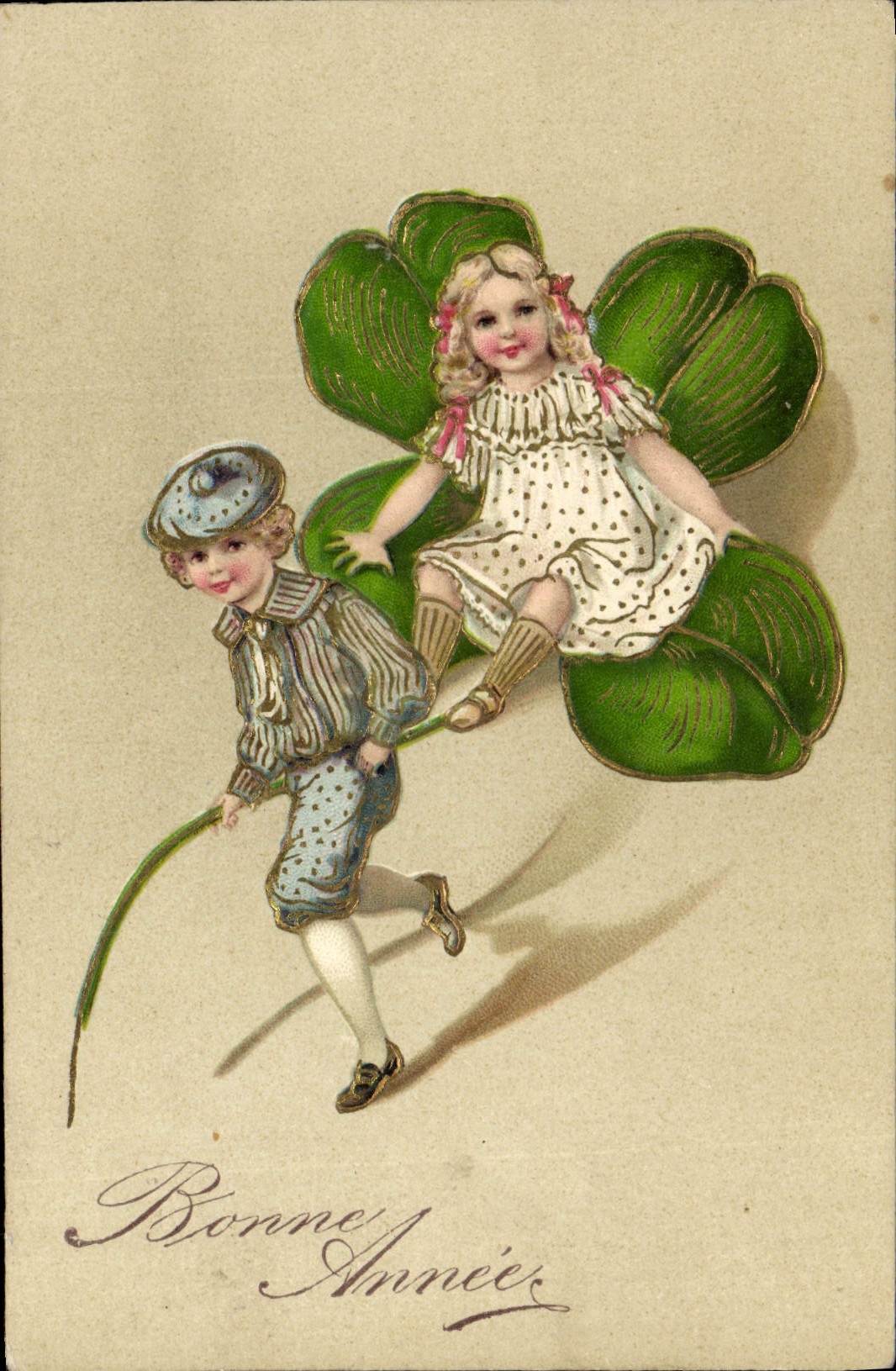 Enfants sur une feuille de trèfle — Bonne Année — Relief m. Grunderdruck