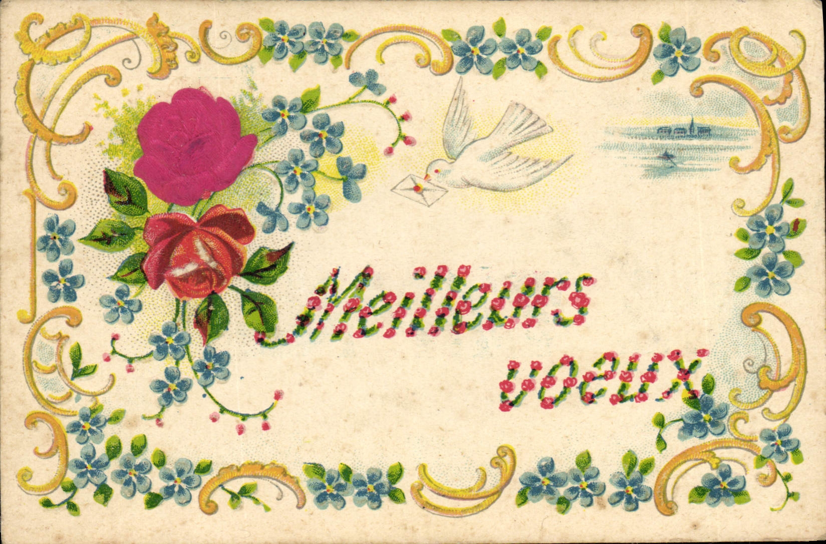 Meilleurs voeux — ornements floraux et colombe — éditeur K. F. Éditeurs Paris, série 0198