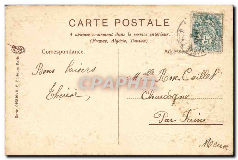 Meilleurs voeux — ornements floraux et colombe — éditeur K. F. Éditeurs Paris, série 0198 — Rückseite