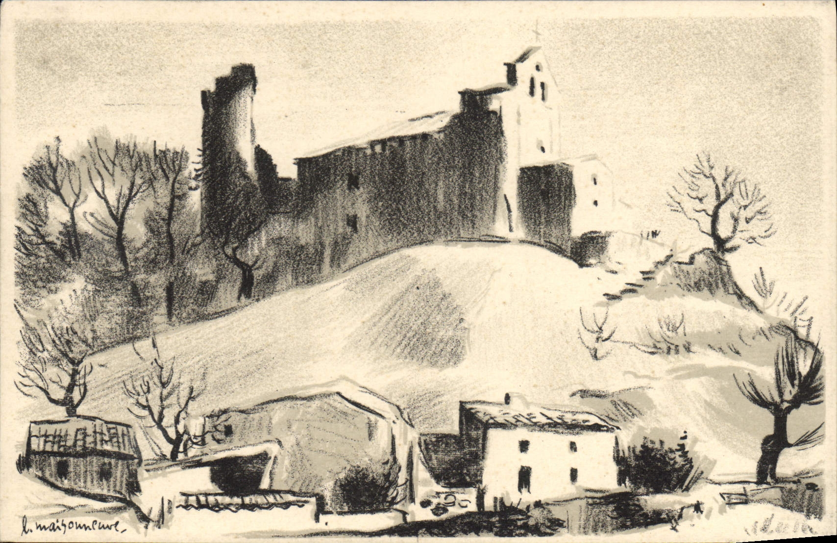 CPA Fantaisie Illustrateur Montmorin Les ruines du chateau et la chapelle 