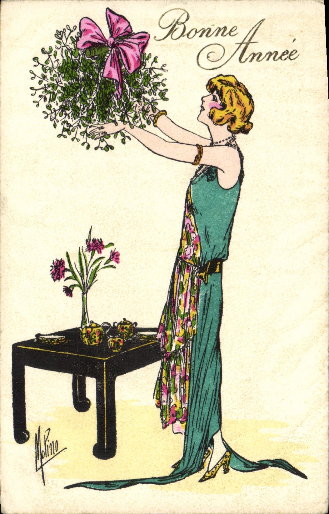 CPA Fantaisie Illustrateur Femme Bonne annee 