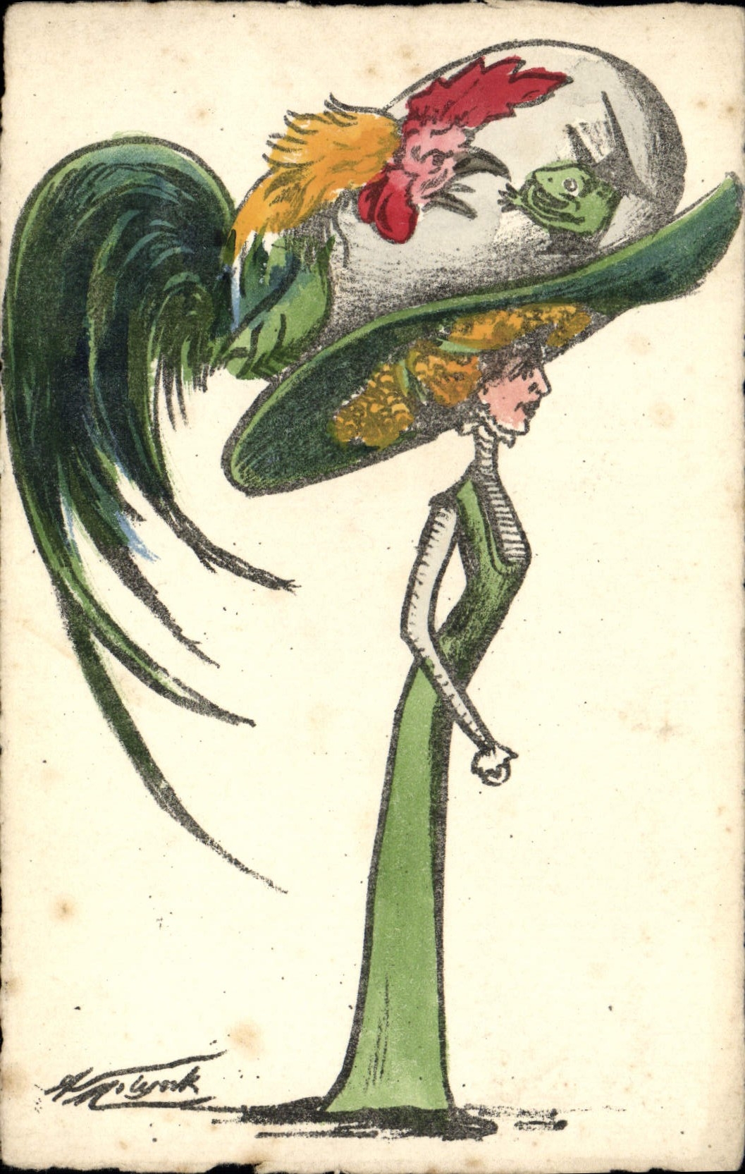 CPA Fantaisie Illustrateur Femme Chapeau Coiffe Coq 