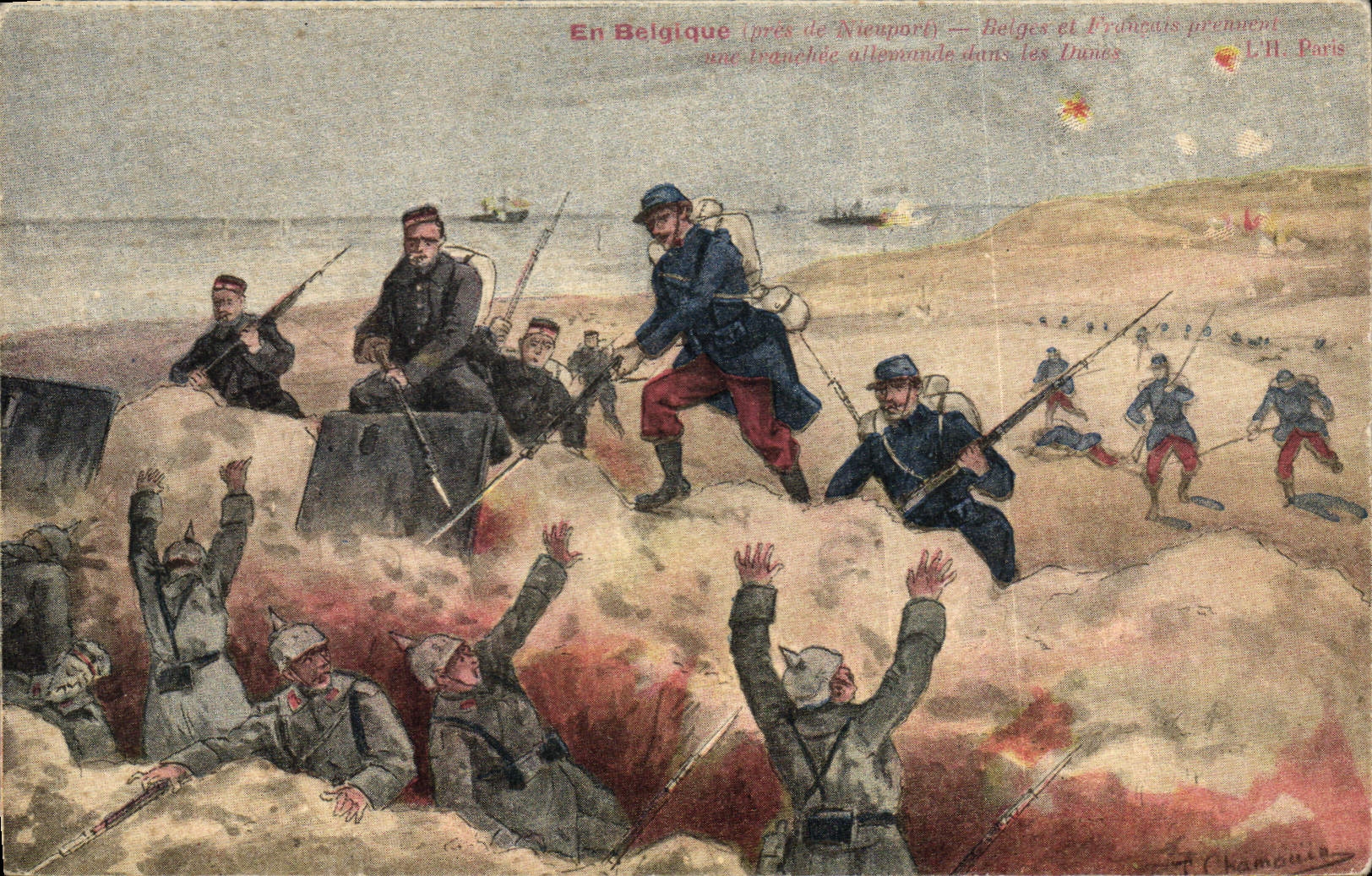 CPA Militaria Belgique pres de Nieuport Belges et Francais prennent une tranchee allemande