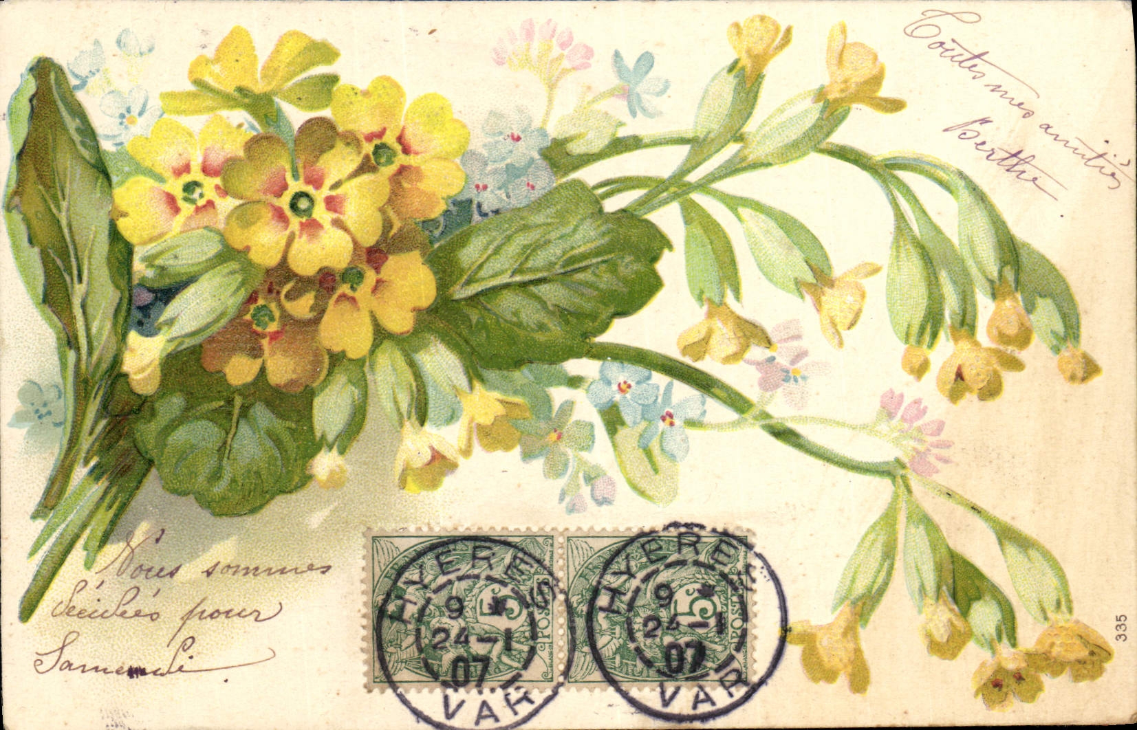 Fleurs jaunes et bleues — carte postale illustrée — éditeur inconnu, n° 335