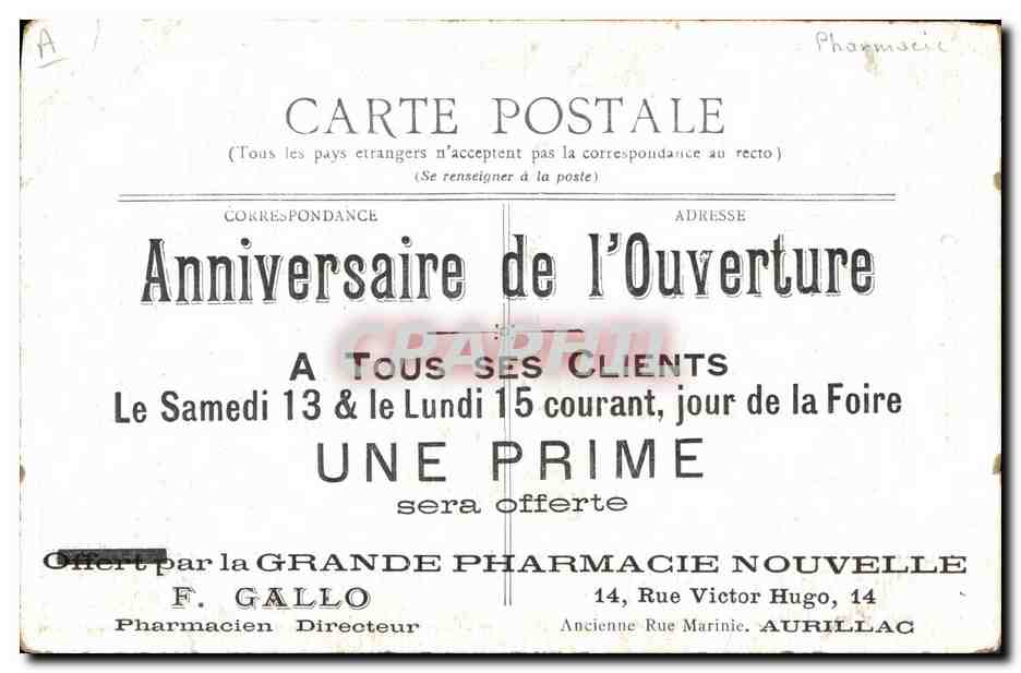 CPA Enfant Chateau de cartes Anniversaire de l'ovuerture Pharmacie Nouvelle Gallo Rue Victor Hugo Aurillac  — Rückseite