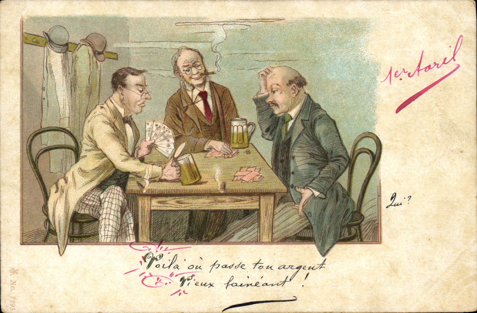Trois hommes jouant aux cartes — caricature — éditeur Tertaril, n° 7955