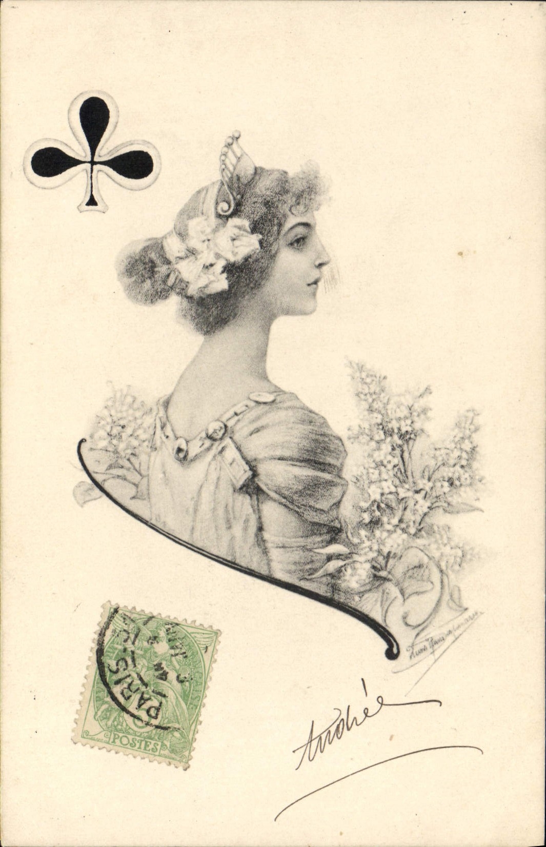 CPA Femme Cartes Trefle 