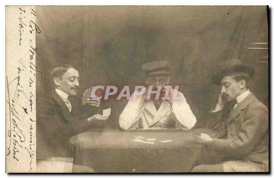 Trois hommes jouant aux cartes — scène de salon — Carte postale VELOX