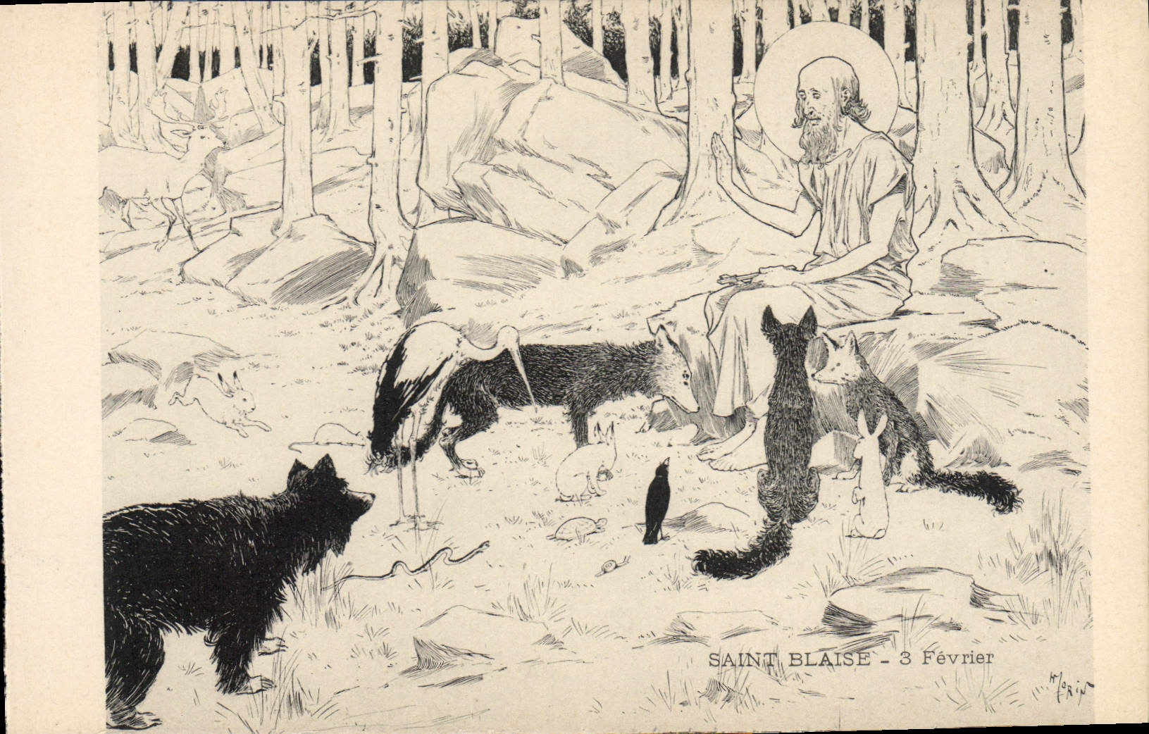 CPA Fantaisie Illustrateur Henry Morin SAint Blaise 3 Fevrier Loup Cigogne