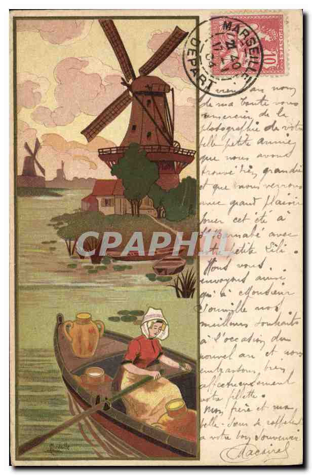 CPA Fantaisie Illustrateur Femme Moulin a vent