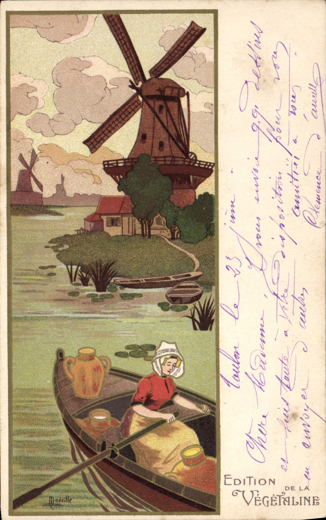 CPA Fantaisie Illustrateur Femme Moulin a vent
