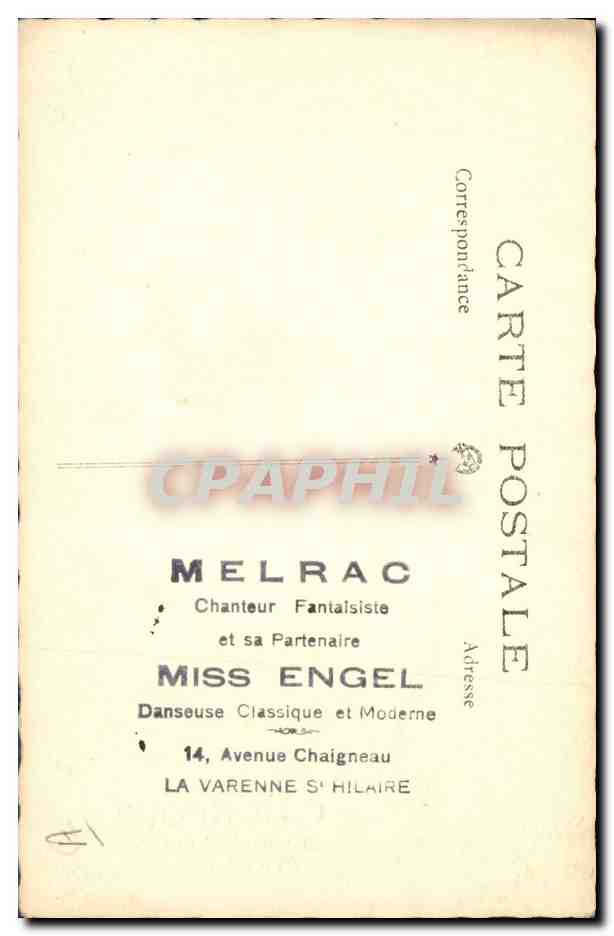Chanteur et danseuse — Melraco et Miss Engel — carte postale — Verso