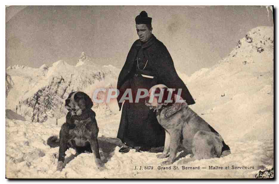 CPA Chiens Chien Grand St Bernard Maitre et serviteurs