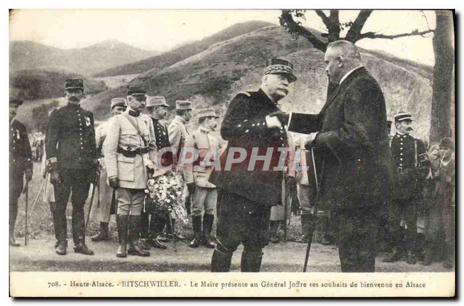 Bitschwiller — Le Maire présente au Général Joiffe ses souhaits de bienvenue en Alsace — éditeur non identifié, n° 708