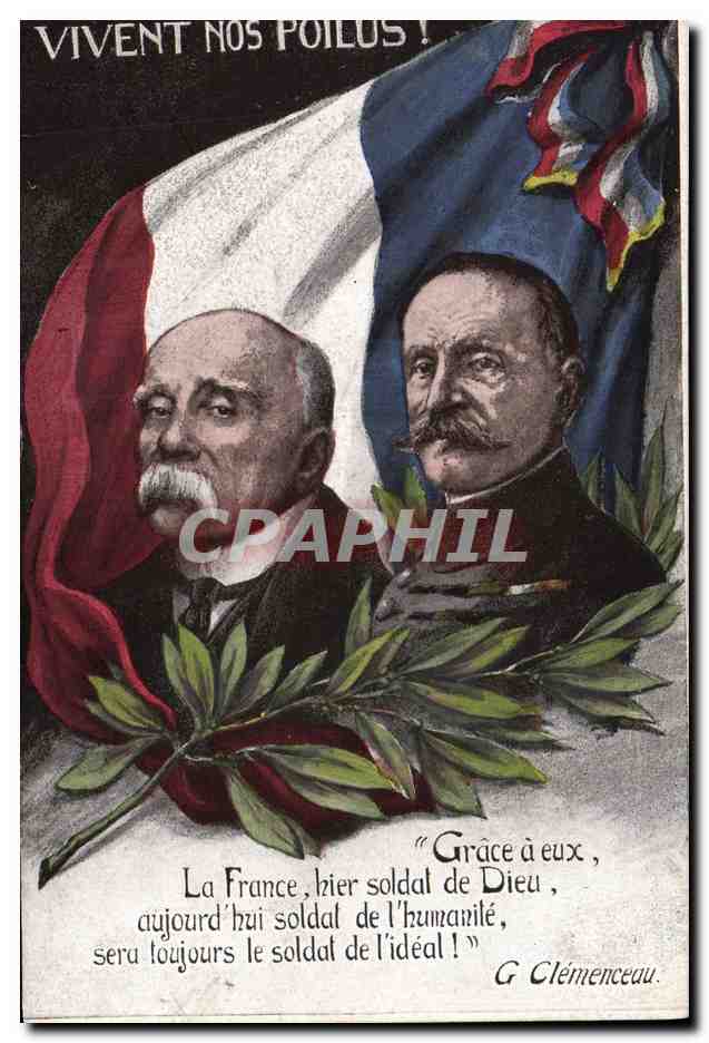 Deux portraits de chefs d'État français — G. Clémenceau et un autre homme — sous drapeau tricolore — éditeur : Cartier, 38 boulevard Monpoumousse, Paris