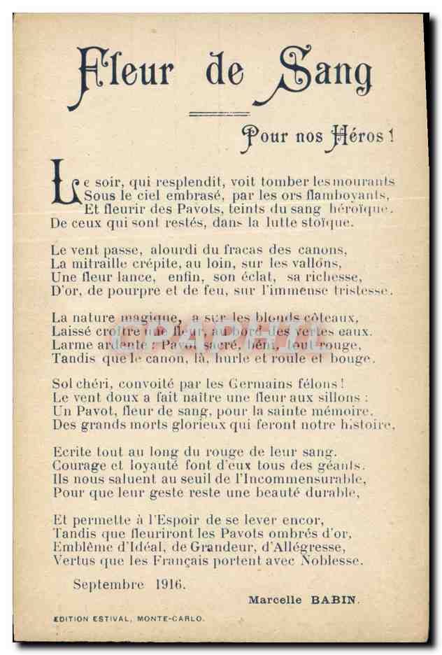 CPA Militaria Fleur de sang Pour nos heros MArcelle Babin 