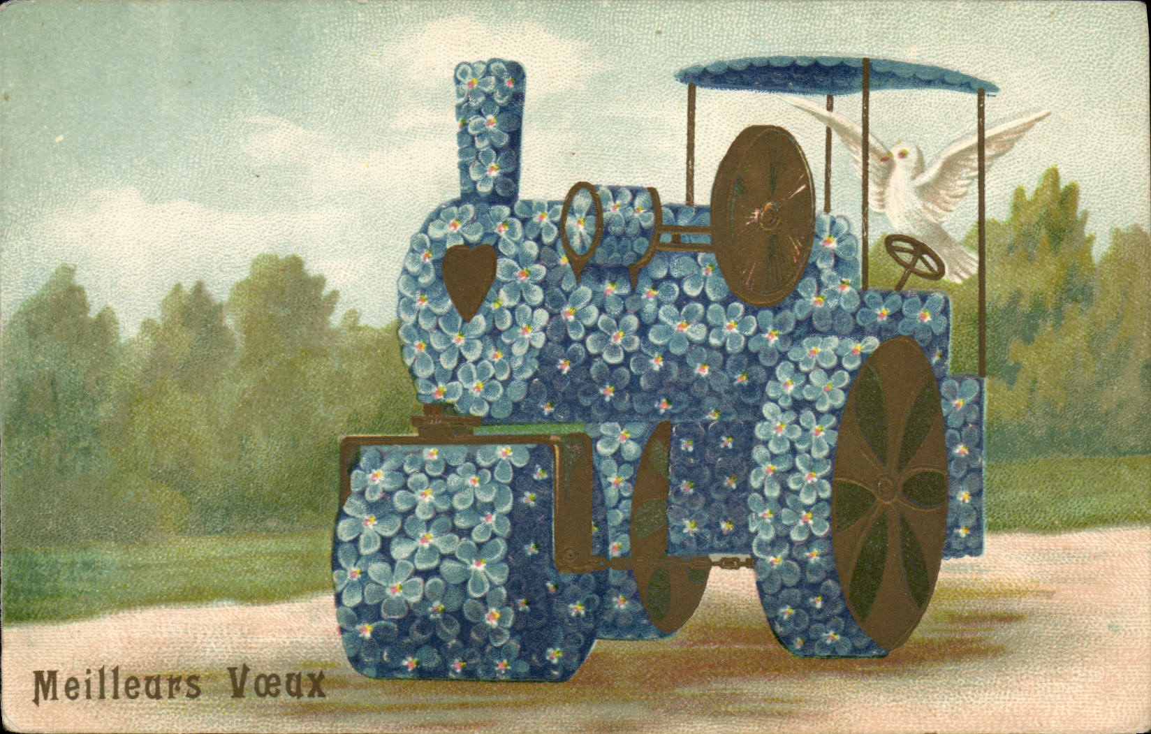 Tracteur décoré de fleurs — Déesse de la paix — Meilleurs Vœux