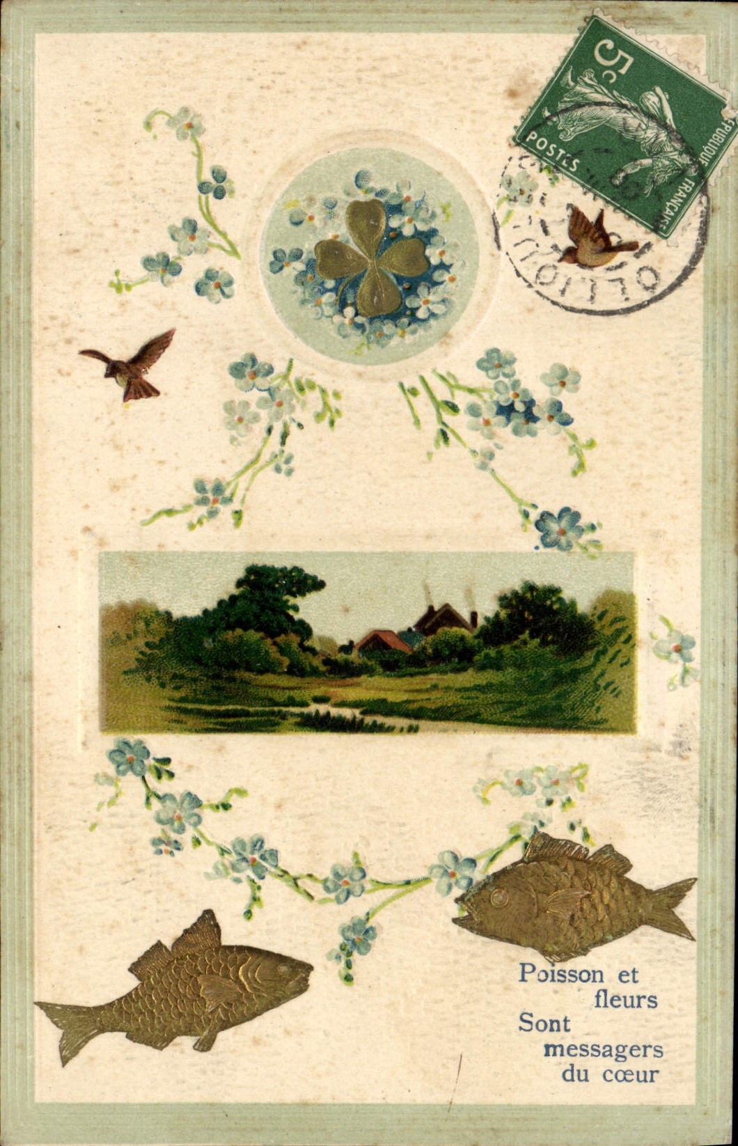 CPA Fantaisie Fleurs Trefles Poissons 