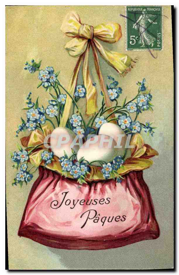 Pâques — œufs et fleurs dans un sac rose — éditeur non visible