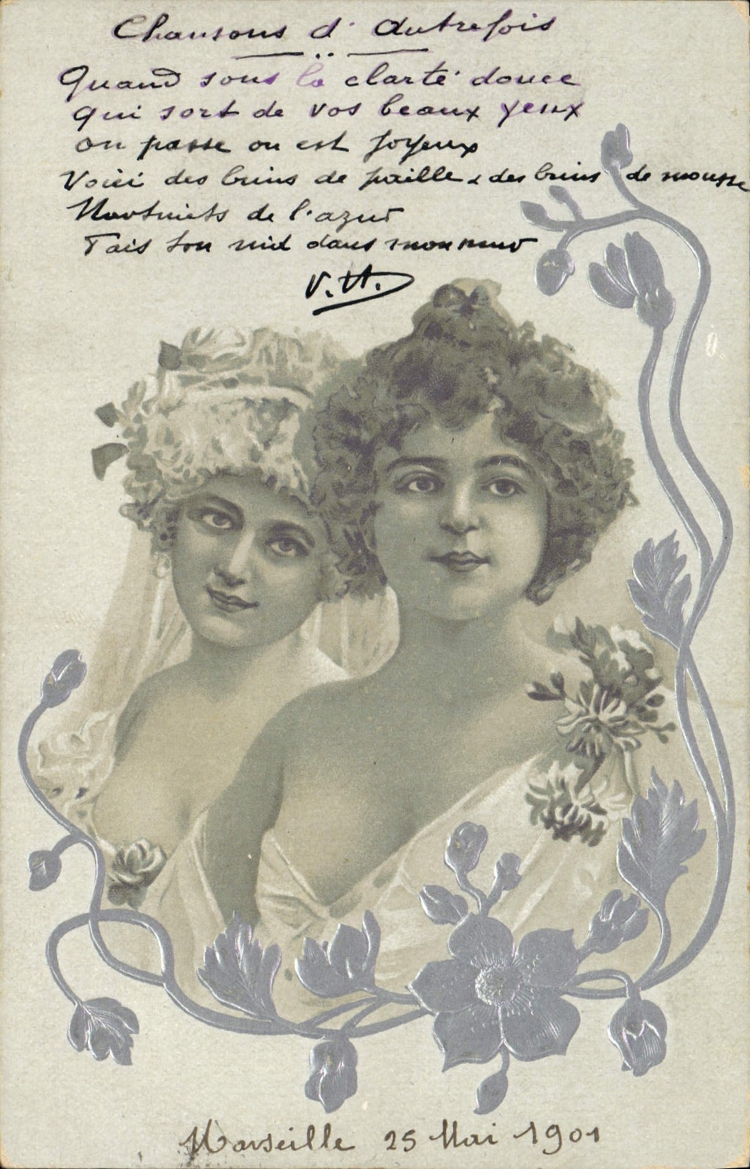 Deux jeunes femmes — illustration poétique avec poème manuscrit — Marseille, 25 mai 1901